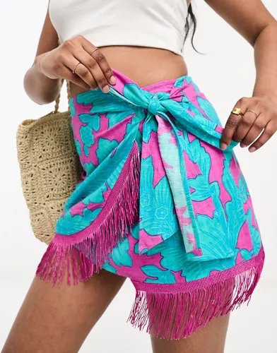 ASOS DESIGN sarong wrap mini skirt with fringing in bold floral print-Multi