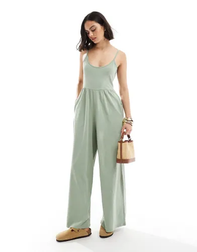 ASOS DESIGN scoop strappy washed jersey wide leg jumpsuit-Green