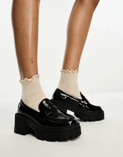 ASOS DESIGN Script chunky mid heeled loafers in black patent
