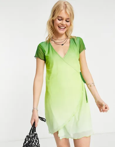 ASOS DESIGN short sleeve mini mesh wrap dress in green ombre-Multi