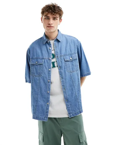 ASOS DESIGN short sleeve oversized denim shirt in washed blue