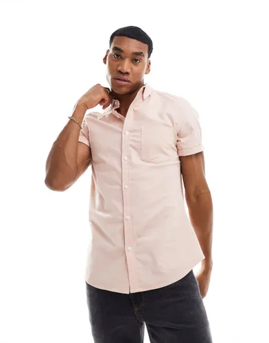 ASOS DESIGN short sleeve slim fit oxford shirt in light pink
