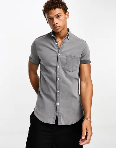 ASOS DESIGN short sleeve stretch slim denim shirt in washed black-Grey