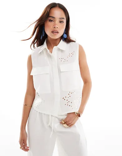 ASOS DESIGN sleeveless shirt with cutwork co-ord in cream-White