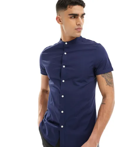 ASOS DESIGN slim fit grandad collar shirt with roll sleeves in navy