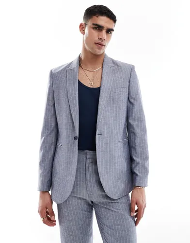 ASOS DESIGN slim linen mix suit jacket in navy pinstripe