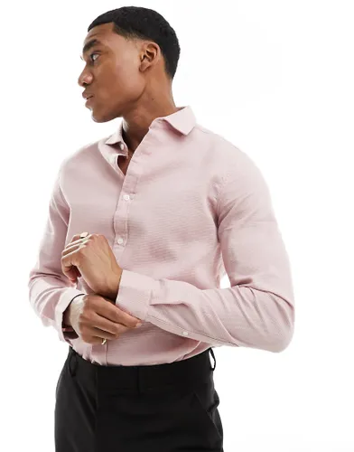 ASOS DESIGN slim shirt in waffle texture with cut away collar in pink
