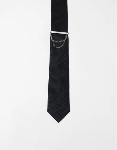 ASOS DESIGN slim tie in black with tie bar