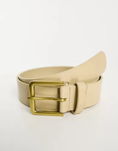 ASOS DESIGN smart leather belt in ecru-Neutral
