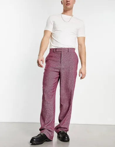 ASOS DESIGN smart wide wool mix trousers in burgundy puppytooth-Red