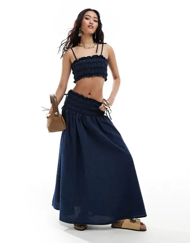 ASOS DESIGN soft denim maxi skirt with ruched waist in dark blue black co-ord
