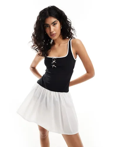 ASOS DESIGN square neck bow mini dress with contrast taffeta skirt in mono-Black