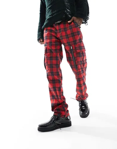 ASOS DESIGN straight tartan check cargo trouser in red with leather look details