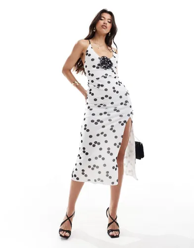 ASOS DESIGN strappy midi dress with contrast corsage in polka dot-Multi