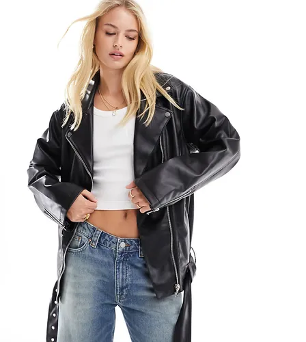 ASOS DESIGN Tall longline oversized faux leather biker jacket in black