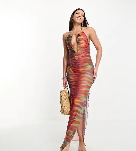 ASOS DESIGN Tall mesh maxi beach skirt in heatmap zebra print-Multi