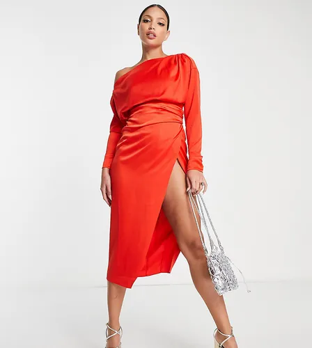 ASOS DESIGN Tall off shoulder satin midi dress with tuck detail bodice in red