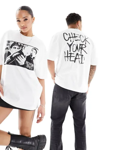 ASOS DESIGN unisex oversized license t-shirt in white with Beastie Boys Check Your Head album prints