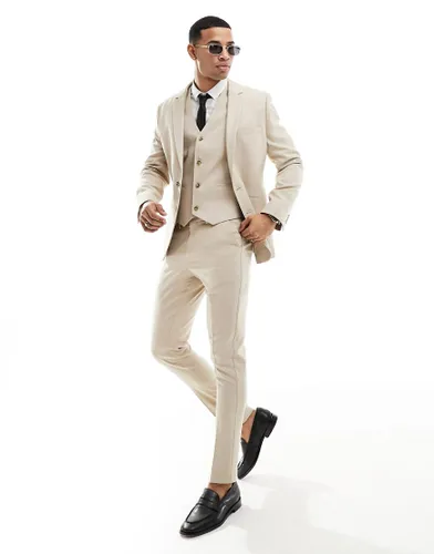 ASOS DESIGN wedding skinny suit trousers in linen mix in micro texture in stone-Neutral