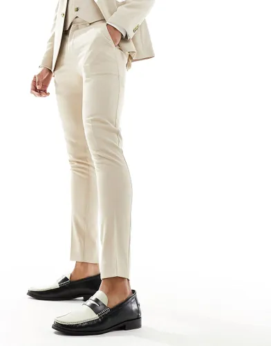 ASOS DESIGN wedding super skinny suit trousers in linen mix in micro texture in stone-Neutral
