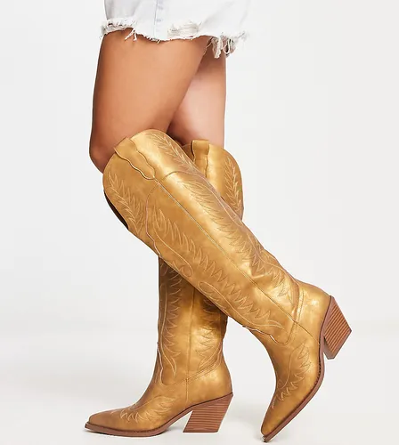 ASOS DESIGN Wide Fit Chester contrast stitch western knee boot in gold