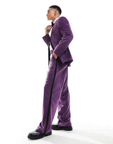 ASOS DESIGN wide leg velvet tuxedo suit trouser in purple