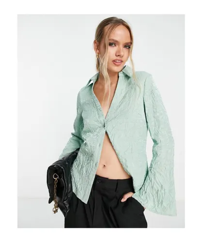 ASOS DESIGN Womens 90s slim fit satin shirt in sage green crinkle texture