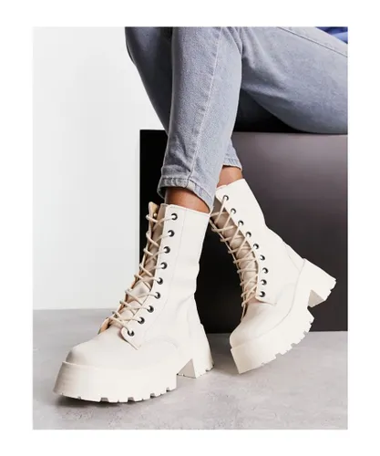 ASOS DESIGN Womens Albany chunky lace up boots in off white-Neutral