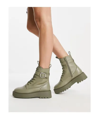ASOS DESIGN Womens Alix chunky lace up ankle boots in khaki-Green