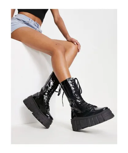 ASOS DESIGN Womens Athens 3 chunky high lace up boots in black patent
