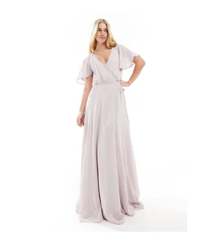 ASOS DESIGN Womens Bridesmaid flutter sleeve maxi dress with full skirt and self tie in lilac-Purple
