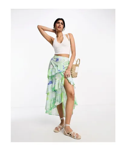 ASOS DESIGN Womens button side frilly tiered midi skirt in paisley print-Multi - Green