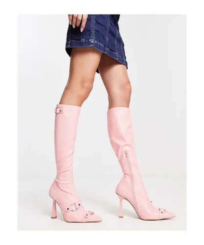 ASOS DESIGN Womens Cannes heeled hardware knee boots in pink Other Material