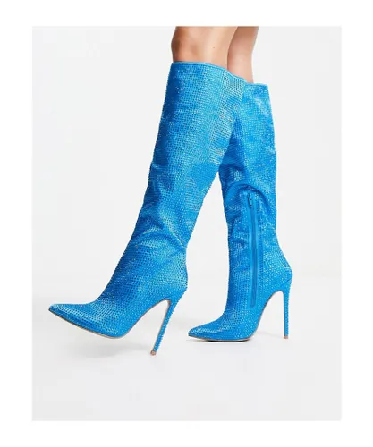 ASOS DESIGN Womens Carly pull on knee boots in blue rhinestone
