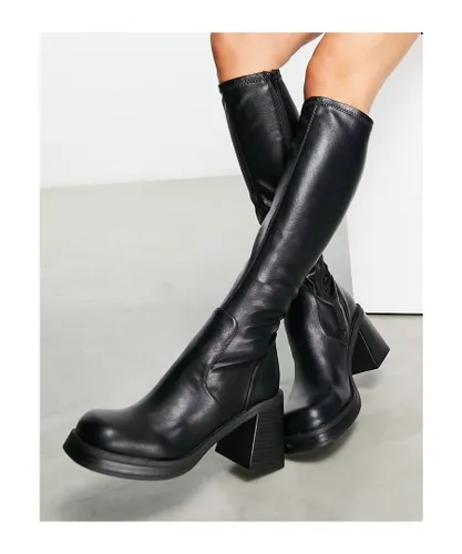ASOS DESIGN Womens Catch mid heel sock knee boots in black
