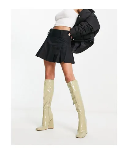 ASOS DESIGN Womens Clara high-heeled knee boots in sage patent-Green