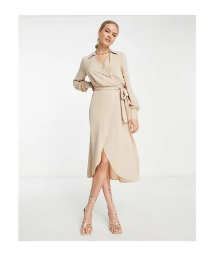 ASOS DESIGN Womens collared wrap midi dress with tie belt in stone-Neutral