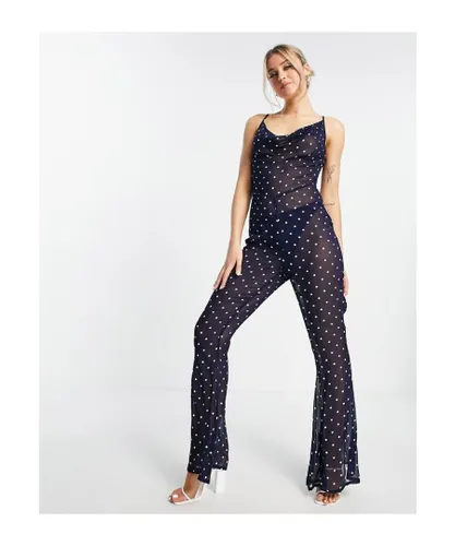 ASOS DESIGN Womens cowl neck flare leg jumpsuit in spot print-Multi - Navy