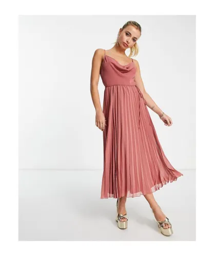 ASOS DESIGN Womens cowl neck strappy pleated midi dress with tie waist in rose pink