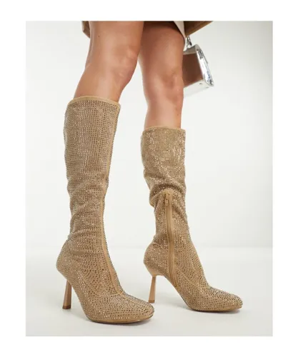 ASOS DESIGN Womens Crystal sock knee boots in cream rhinestone-White