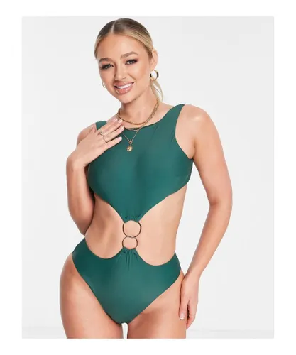 ASOS DESIGN Womens cut out ring detail high neck swimsuit in forest green - Dark Green Polyamide