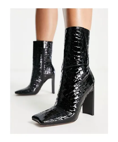 ASOS DESIGN Womens Elude square toe high-heeled boots in black croc