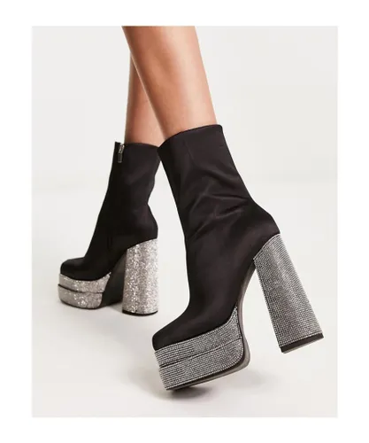 ASOS DESIGN Womens Encore high-heeled embellished platform boots in black satin