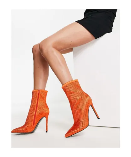 ASOS DESIGN Womens Esme embellished heeled sock boots in orange rhinestone