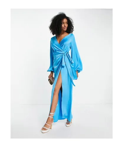 ASOS DESIGN Womens exaggerated sleeve wrap dress with open detail back in bright blue satin