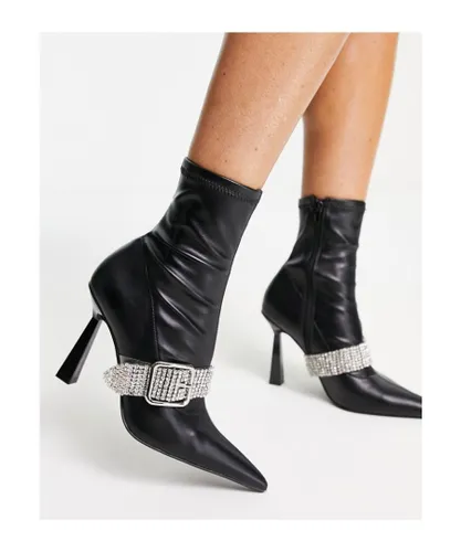 ASOS DESIGN Womens Excuse high-heeled boots with embellished buckle in black