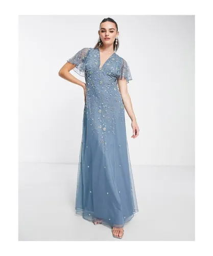 ASOS DESIGN Womens flutter sleeve maxi dress with trailing floral embellishment in blue - Sky Blue