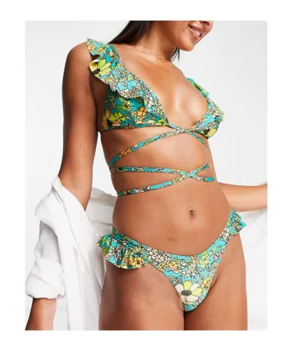 ASOS DESIGN Womens frill wrap around bikini top in 70s floral print-Multi - Multicolour