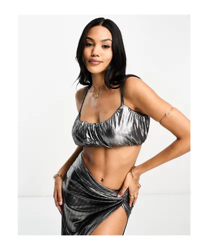 ASOS DESIGN Womens Fuller bust ruched beach top co-ord in metallic silver plisse