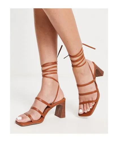 ASOS DESIGN Womens Hidden strappy tie leg mid heeled sandals in tan-Brown
